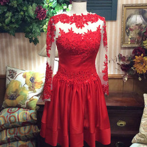 SULTRY SALSA DANCE DRESS Red Sequin Sheer Nude Pageant Compitition Dress